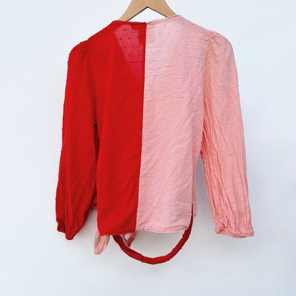 Farm Rio Red Pink Colorblock Wrap Long Sleeve Top Blouse Small Tie Front - Picture 4 of 10